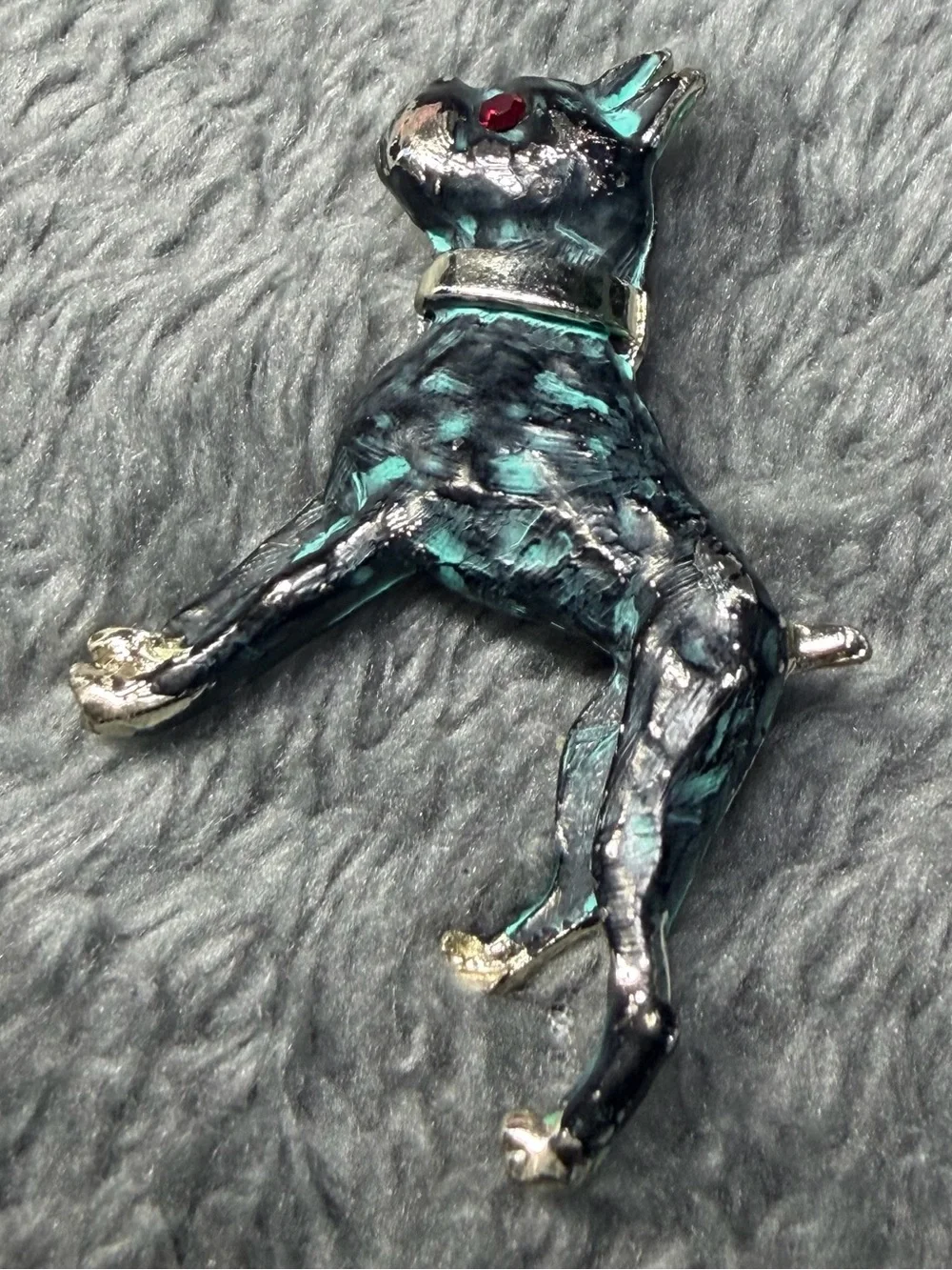 Vintage Boston Terrier Dog Brooch Pin Black Turquoise Marbled Enamel